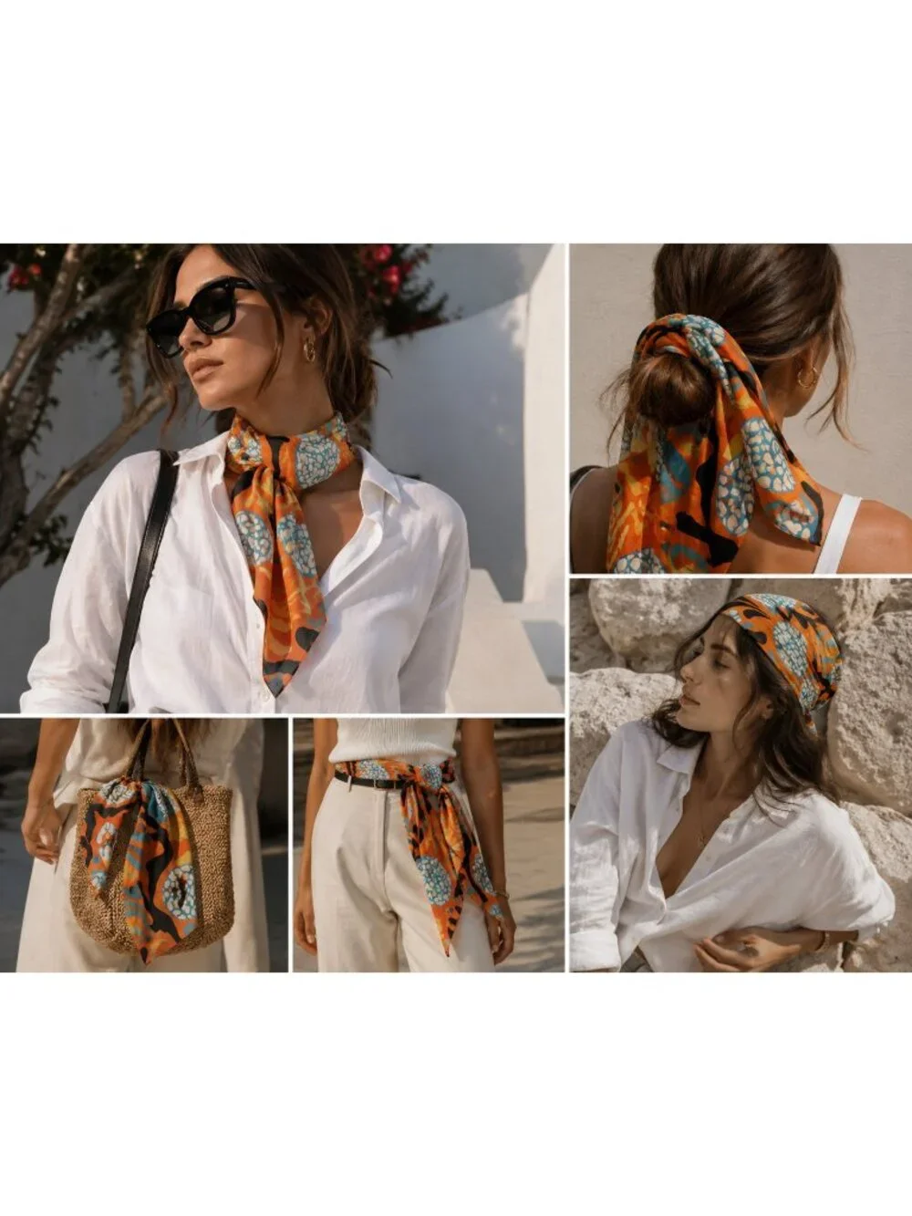 ELOI Abstract Art Scarf Orange Blue Green Cotton Silk Blend Statement Print